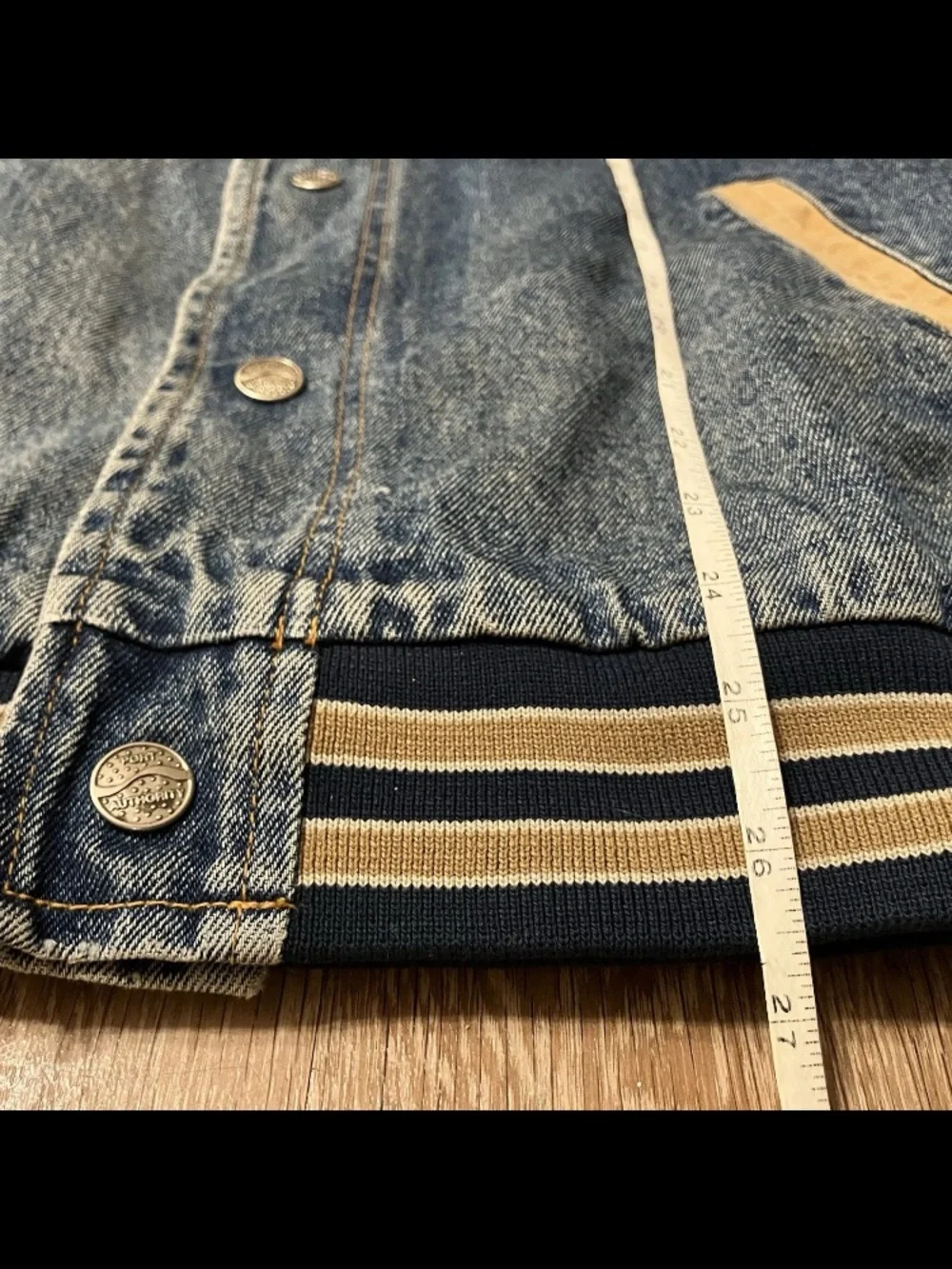 Vintage Port Authority Denim Bomber Jacket Wells Fargo & Co Size L Distressed